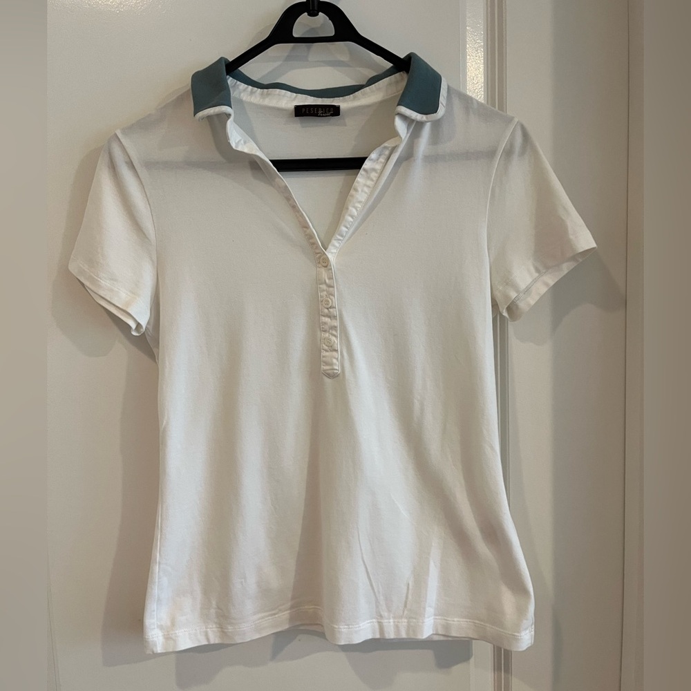 Peserico White Button Down Shirt with Green Collar, size 42 (US 6)